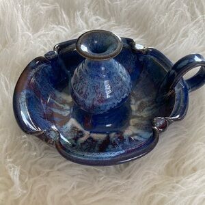 Handcrafted Signed Studio Art Pottery Stoneware Oil Lamp Rustic Blue Glaze 6.5”
